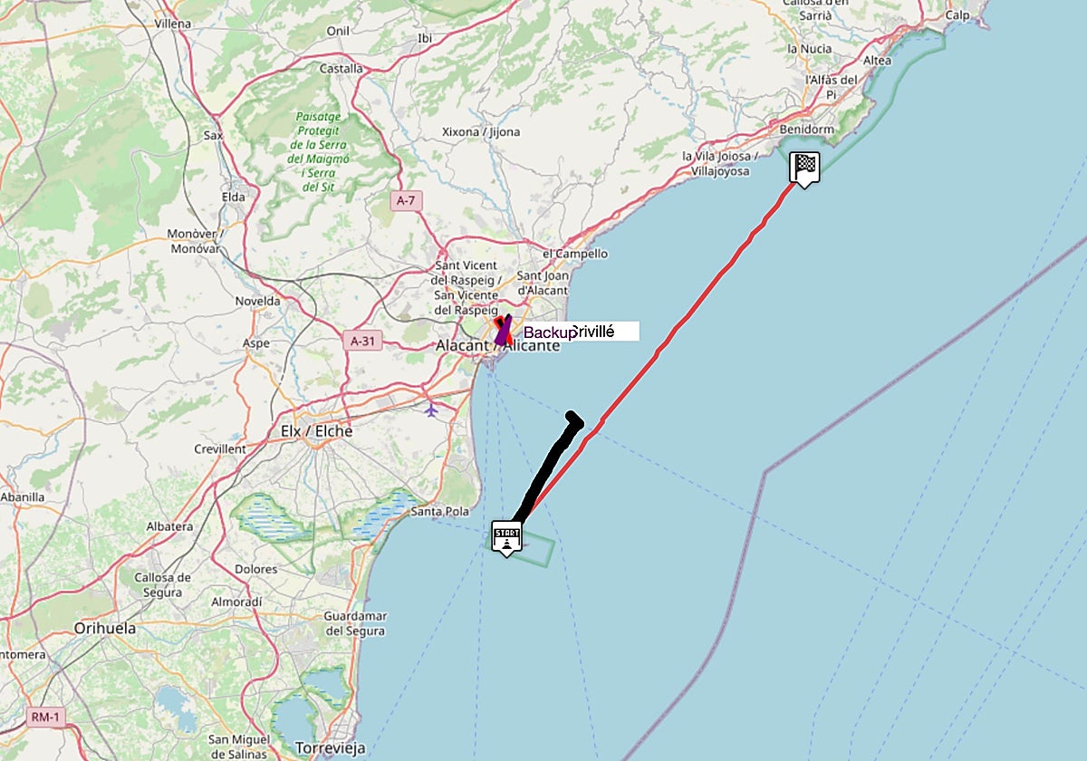 Tramo (en negro) que pudo recorrer Crivillés comparado sobre el total (rojo) del recorrido previsto