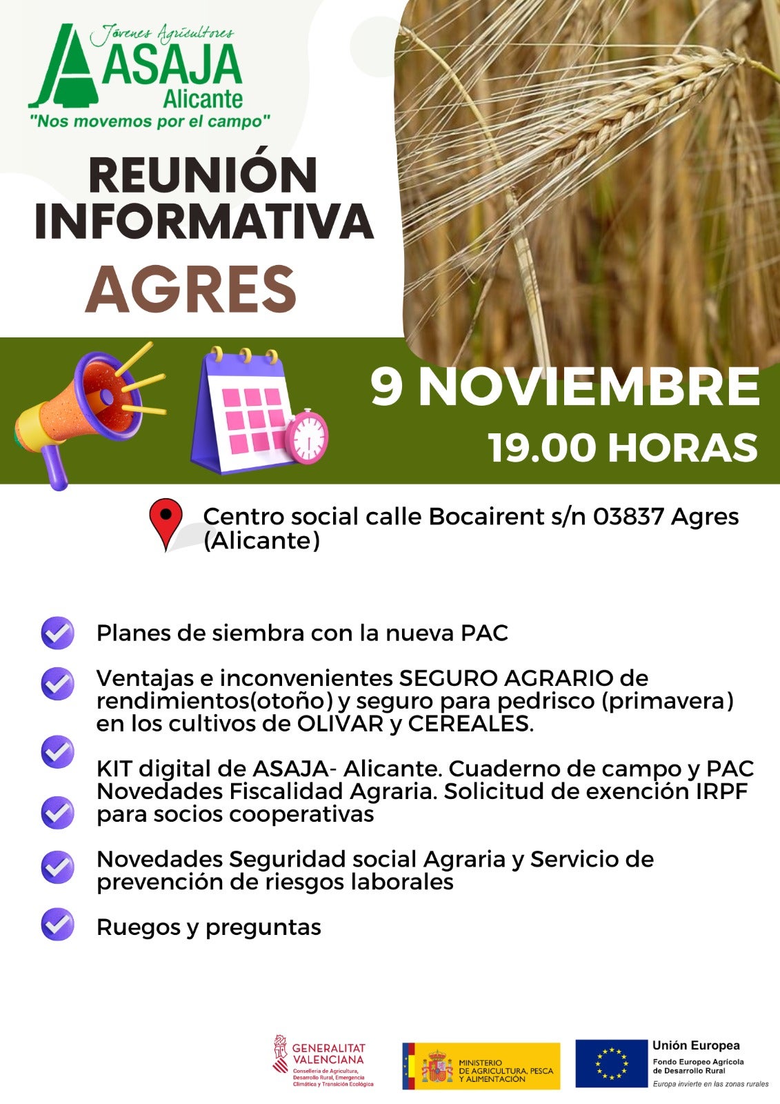 Cartel de la jornada de información agraria en Agres.