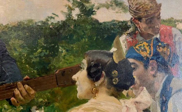 Imagen principal - Algunos de los detalles de la pintura 'Fiesta valenciana' de Joaquín Sorolla. 