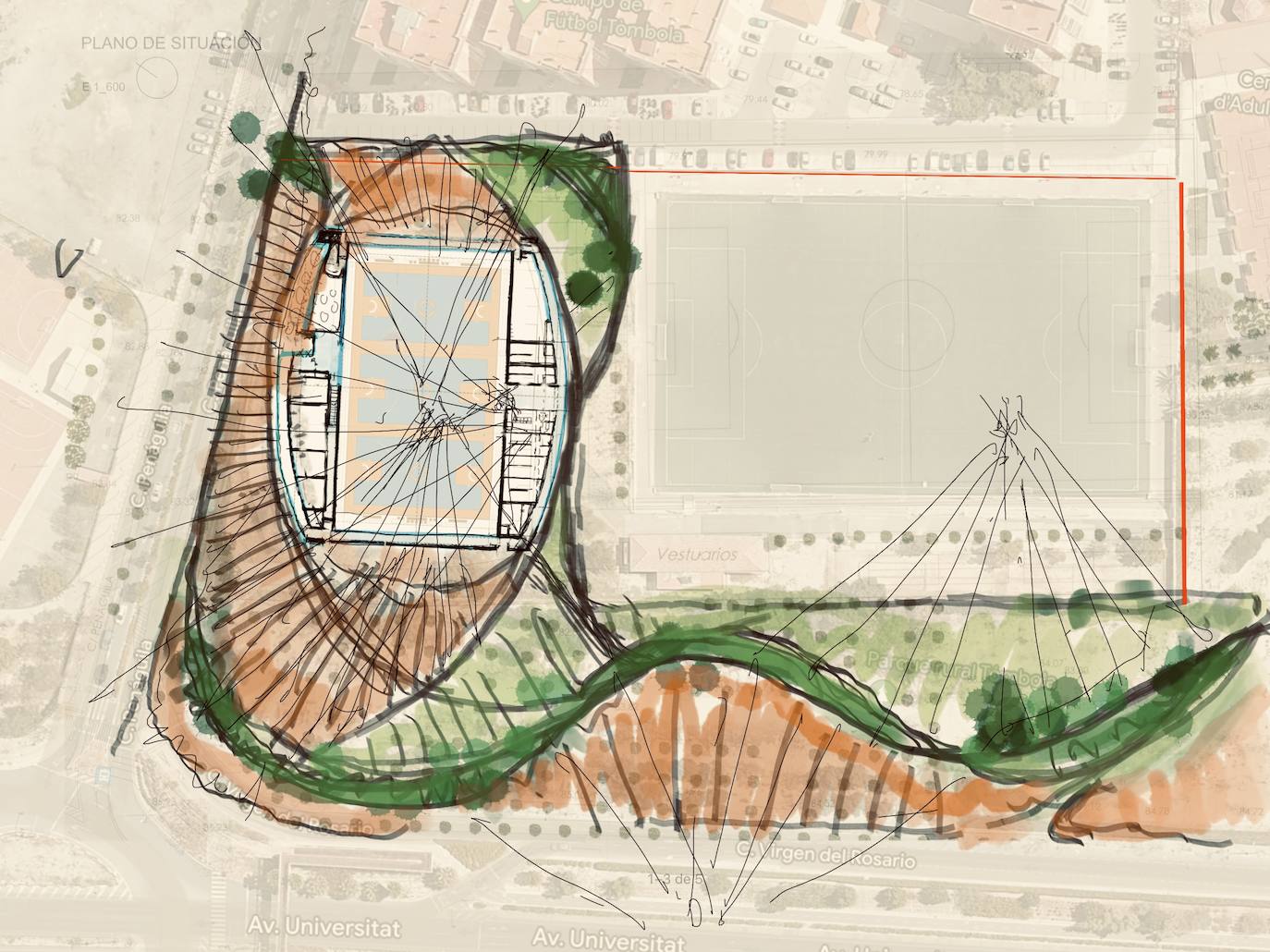 Imagen secundaria 2 - Así será el moderno pabellón de Tómbola en Alicante: tres pistas cubiertas, cinco gradas y aforo para 350 espectadores