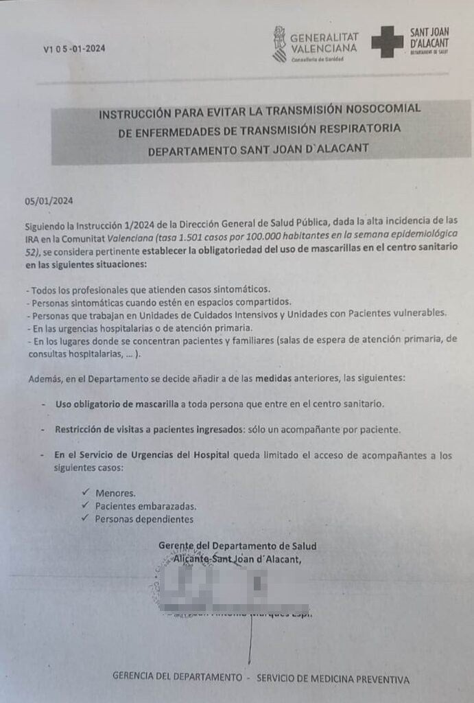 Circular con medidas adoptadas desde este viernes en el Departamento de Salud de Sant Joan.