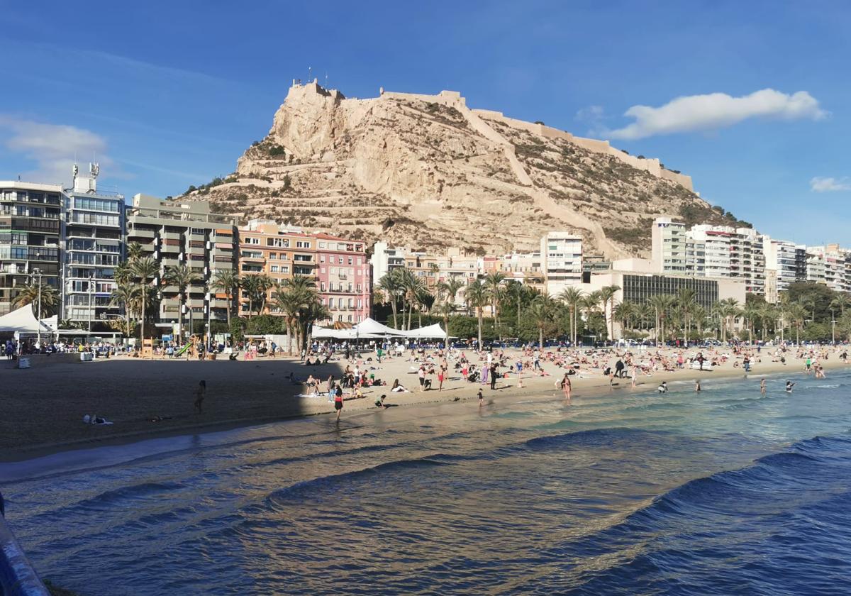 Bañistas disfrutan de la playa del Postiguet este domingo 14 de enero.