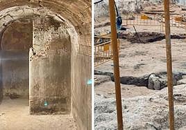 A la izquierda, refugio de la Guerra Civil hallado en Benalúa Sur; a la derecha, restos arqueológicos en la misma zona.