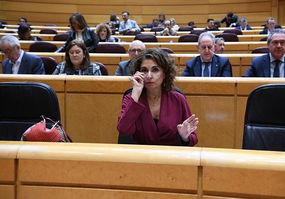 La vicepresidenta primera y ministra de Hacienda, María Jesús Montero, con la bancada socialista detrás, en el Senado.
