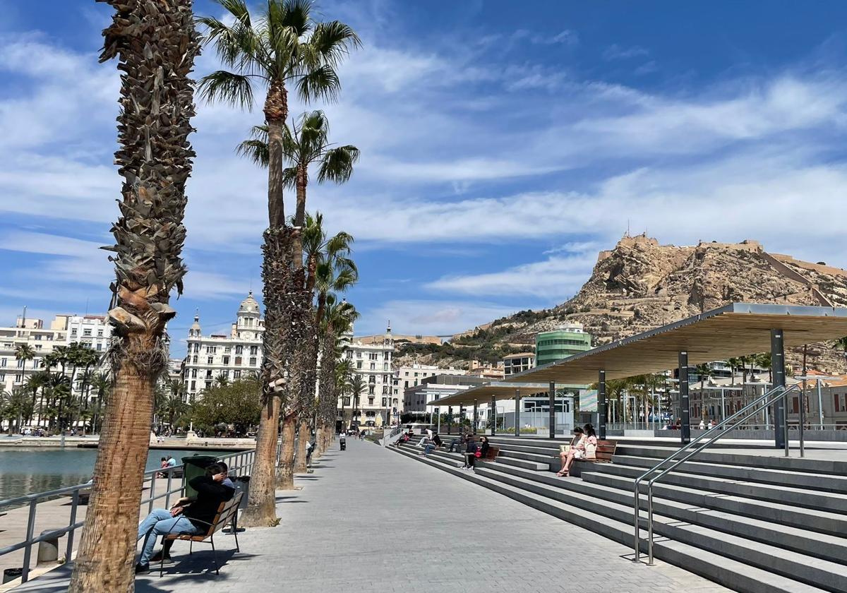 El paseo del puerto de Alicante, con el castillo de Santa Bárbara al fondo.