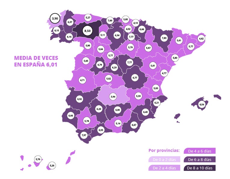 Media de veces que se practica sexo en España al mes, por provincias.