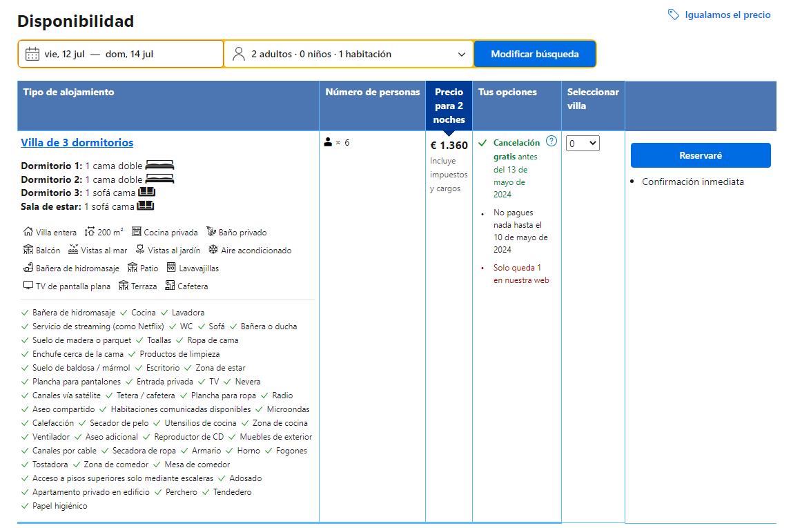 Precio para un apartamento de lujo en la isla de Tabarca durante un fin de semana en julio.
