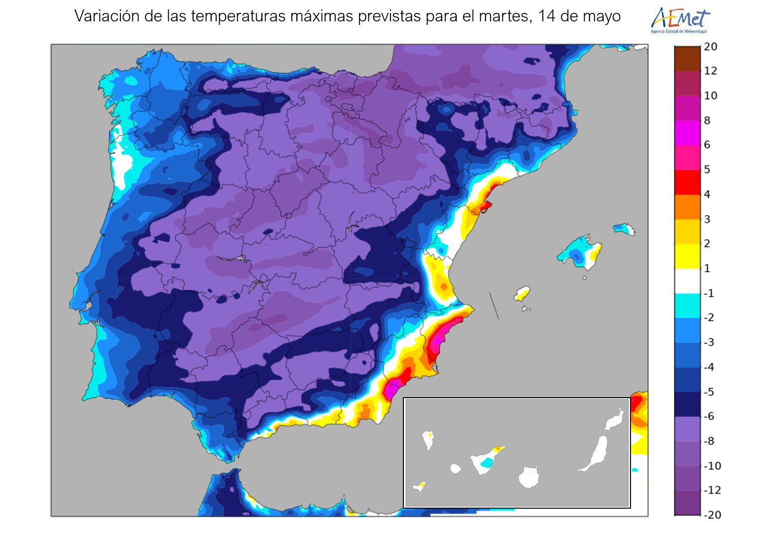 Mapa de temperaturas previstas para este martes por la Aemet.
