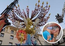 Montaje del remate central de la Hoguera Oficial 2024 y su artista, Pedro Espadero, roto tras la tensión del momento.