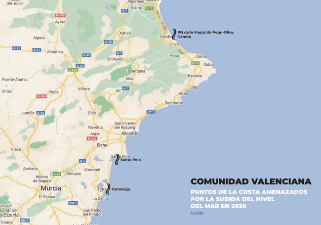Puntos de la costa alicantina amenazados por la subida del nivel del mar.