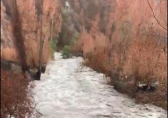 Imagen de un tramo del río Frainos donde bajaba el agua gris debido a la ceniza.