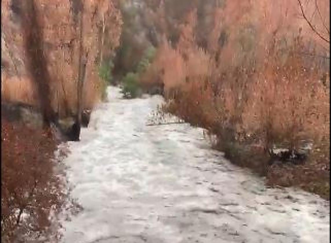 Imagen de un tramo del río Frainos donde bajaba el agua gris debido a la ceniza.