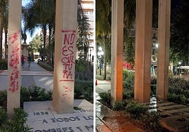 El antes y el después de las pintadas en la Cruz de los Caídos.
