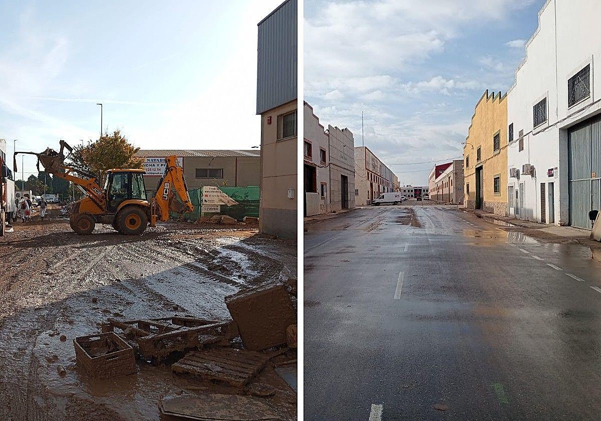 Tareas de limpieza en uno de los polígonos/Vista de una calle limpia en el polígono de Beniparrell.