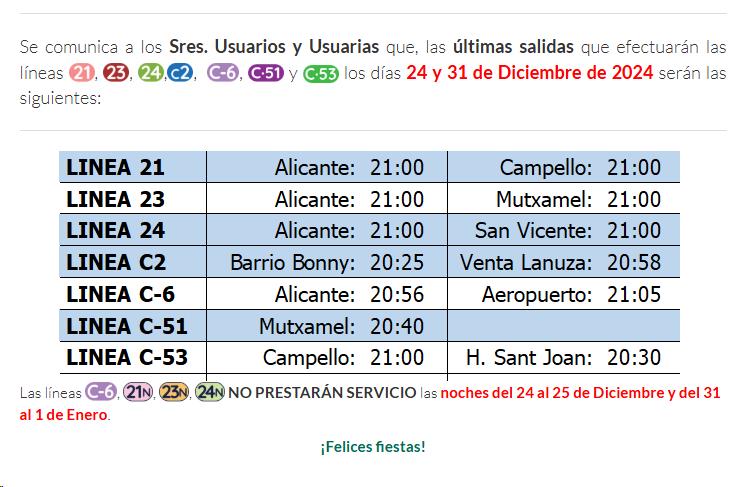 Mensaje informativo en las líneas de autobús para Nochevieja.