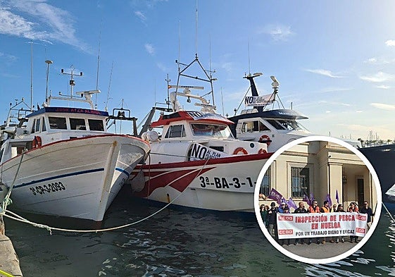 Barcos de pesca de la cofradía de Santa Pola amarrados/concentración de los inspectores de trabajo.