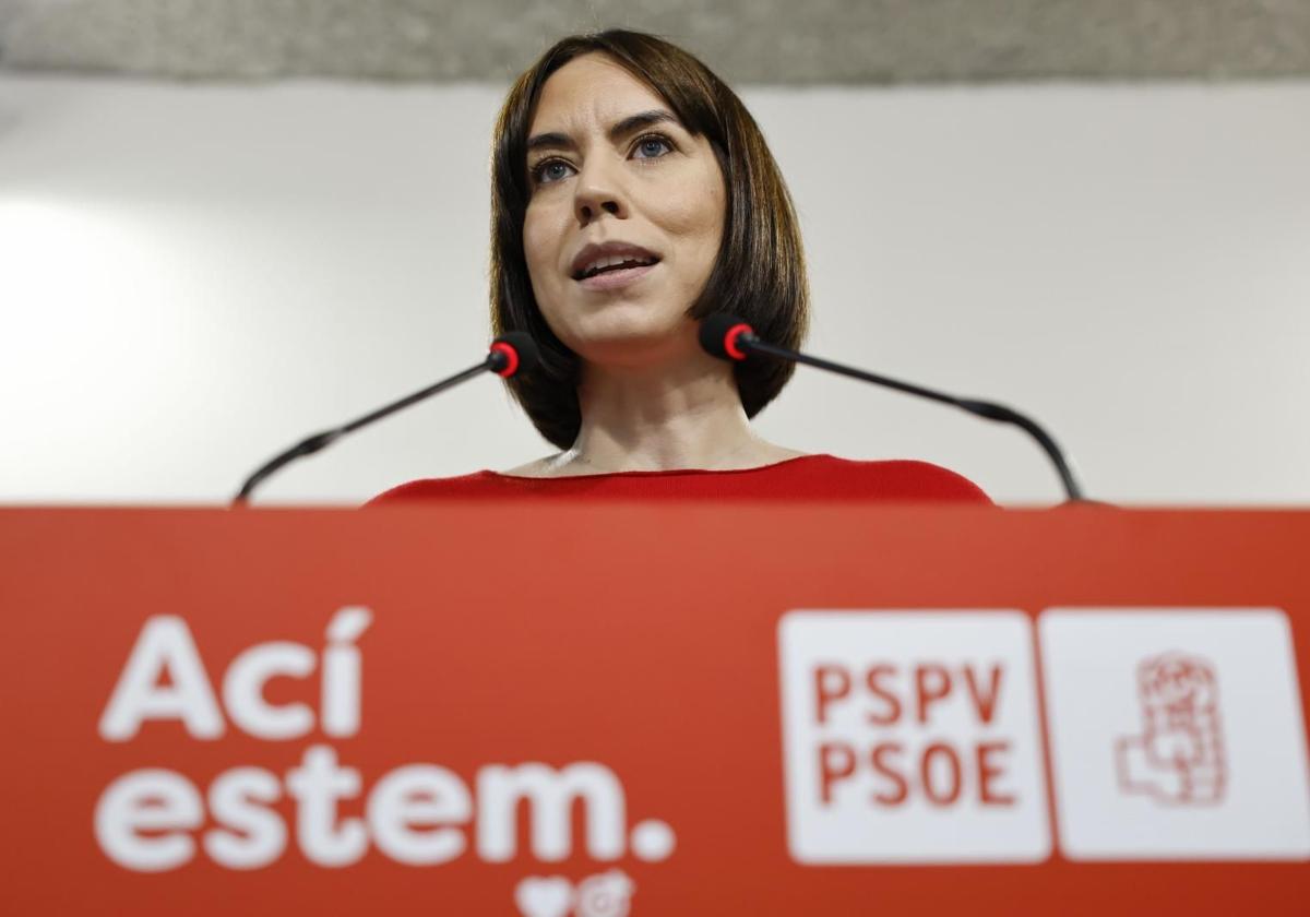 The General Secretary of the PSPV, Diana Morant, at the press conference this Friday at the socialists' headquarters.