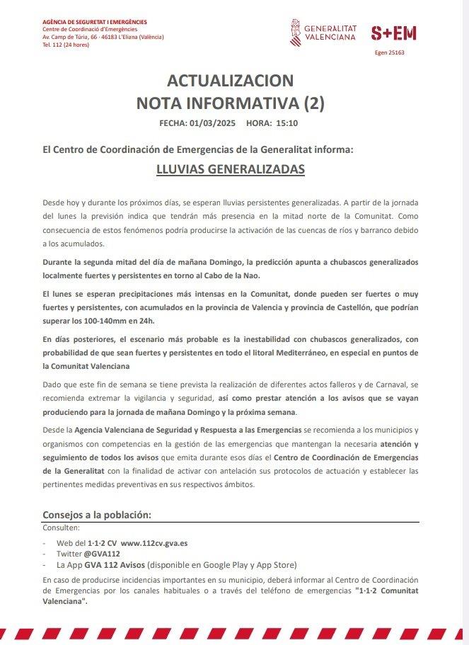 Nota informativa de Emergencias.