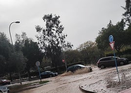 Un coche atraviesa la corriente de agua que baja del parque.