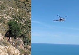 Imagen de los tres jóvenes y del helicóptero que los rescató.