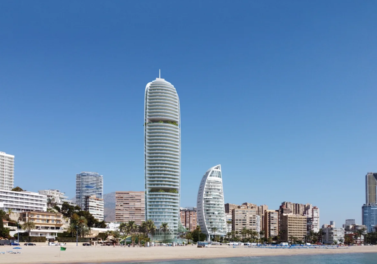 Recreación del nuevo hotel Gran Delfín Residences & Hotel, a pie de playa, y su relación con el resto de edificios ya existentes.