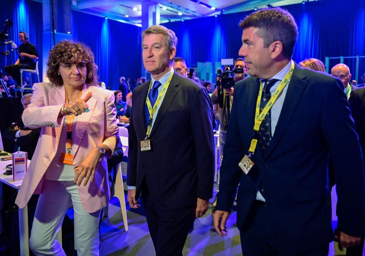 Dolors Monserrat, Alberto Núñez Feijóo, and Carlos Mazón at the European People's Party Congress in Valencia.