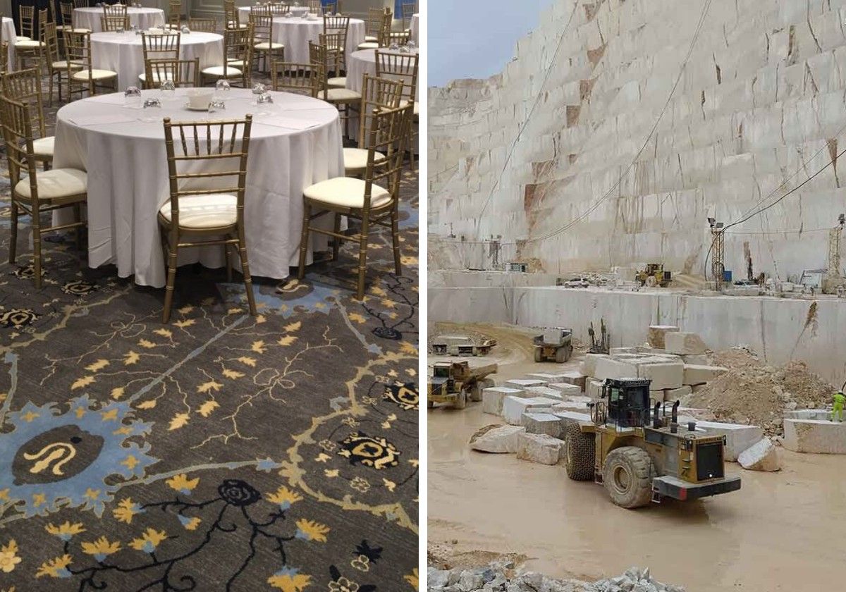 One of the carpets from the Crevillent company Alfombras Imperial/One of the marble quarries in Alicante.