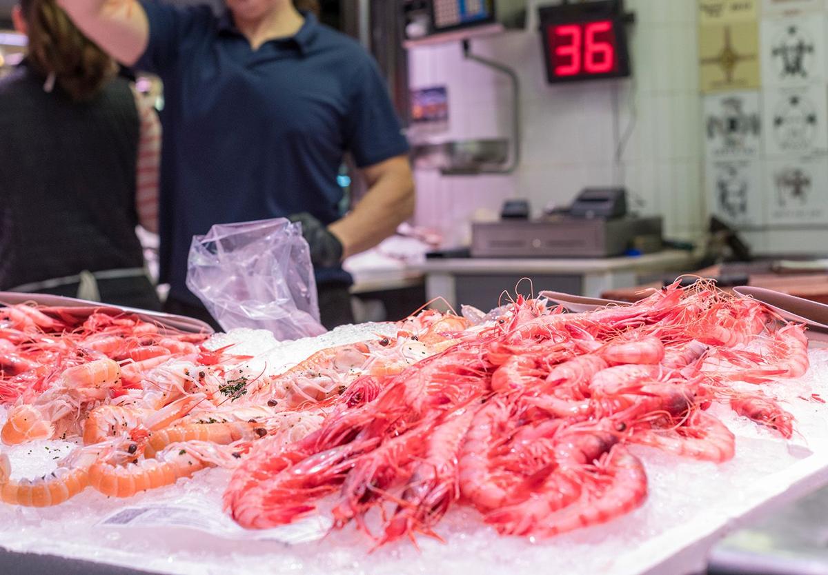 Red shrimp at a stall in Alicante's Central Market.