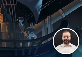 Aarón Chorro junto a una imagen del corto 'Nuestra bandera es la mar'.