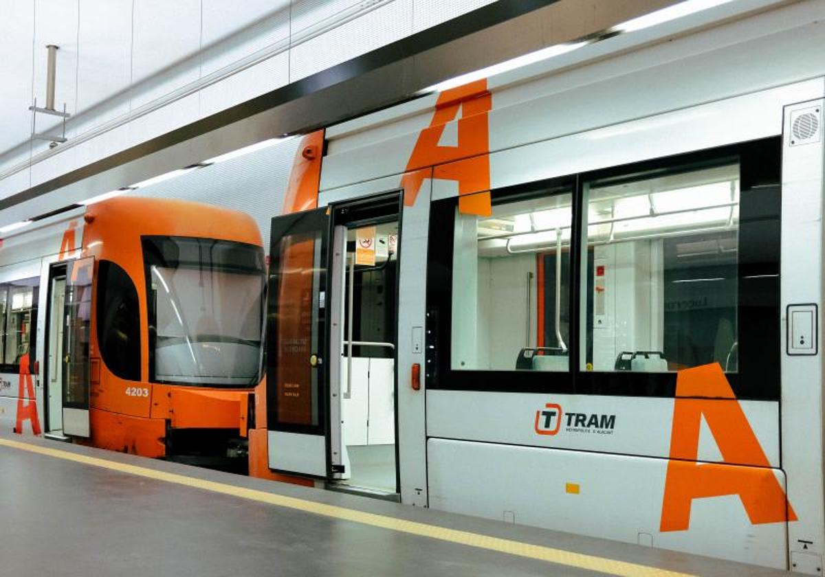 Trams halted at Alicante's Luceros station.