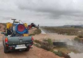Un camión fumiga en los alrededores de las zonas húmedas.