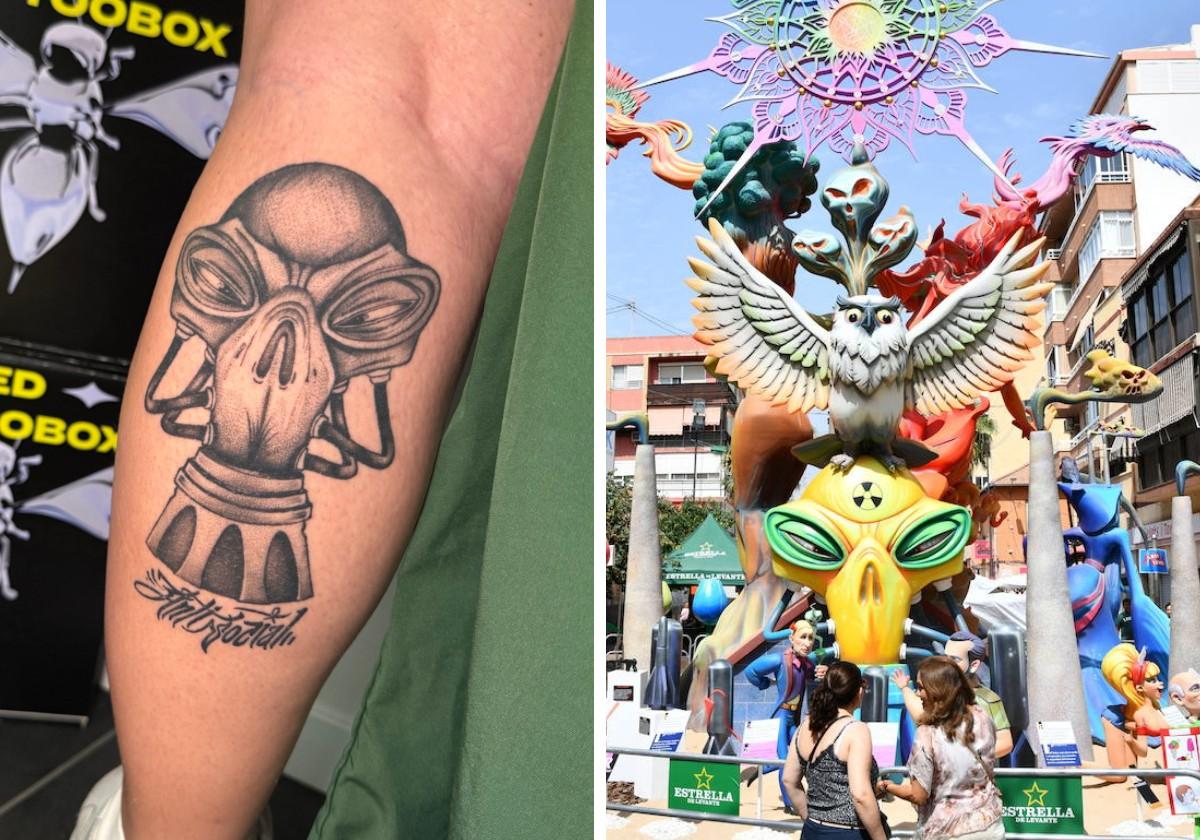 Tatuaje de Paula Iborra con la trasera de la hoguera Carolinas Altas 2023.