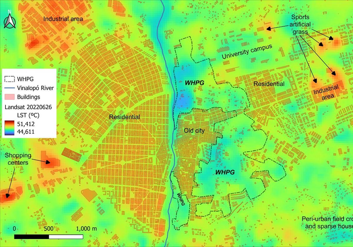 Mapa térmico que refleja la importancia del Palmeral en la regulación de la temperatura.