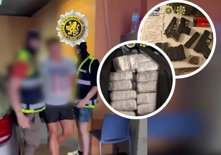 The individual arrested in Orihuela and part of the drugs and weapons seized during the international operation.