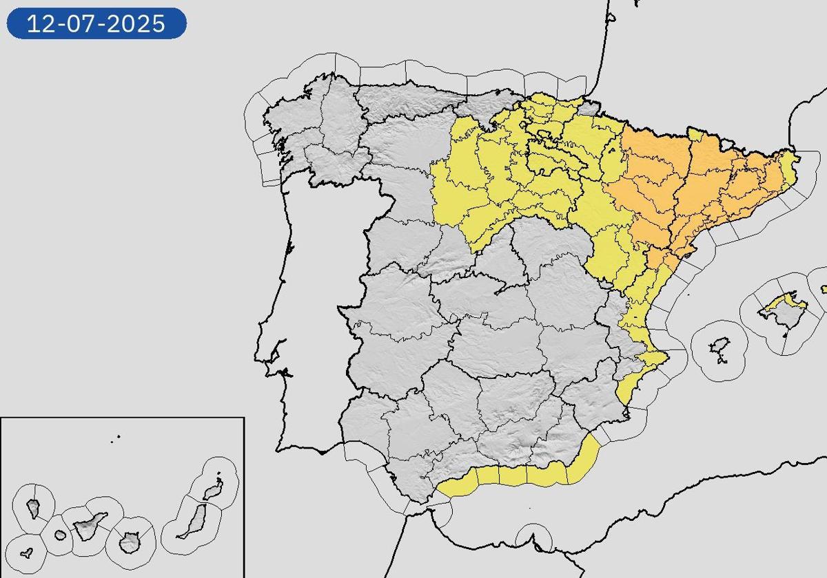 Aemet map showing the Alicante coast under yellow alert.
