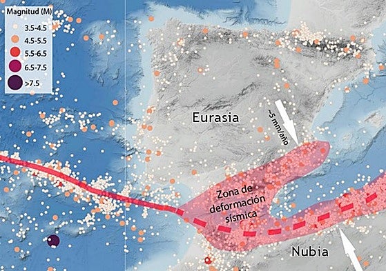 Mapa tectónico de la península Ibérica en el que se resalta la zona de deformación de mayor actividad sísmica.