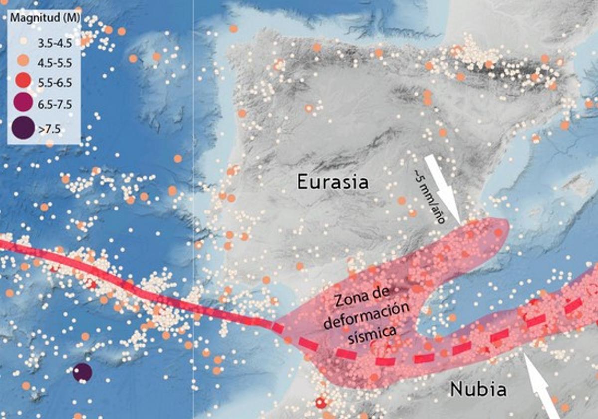 Mapa tectónico de la península Ibérica en el que se resalta la zona de deformación de mayor actividad sísmica.