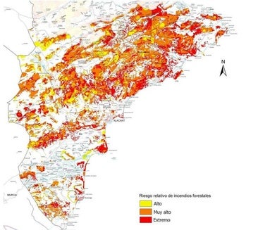 El mapa de los incendios forestales en Alicante: el Comtat y la Marina Alta son las más amenazadas