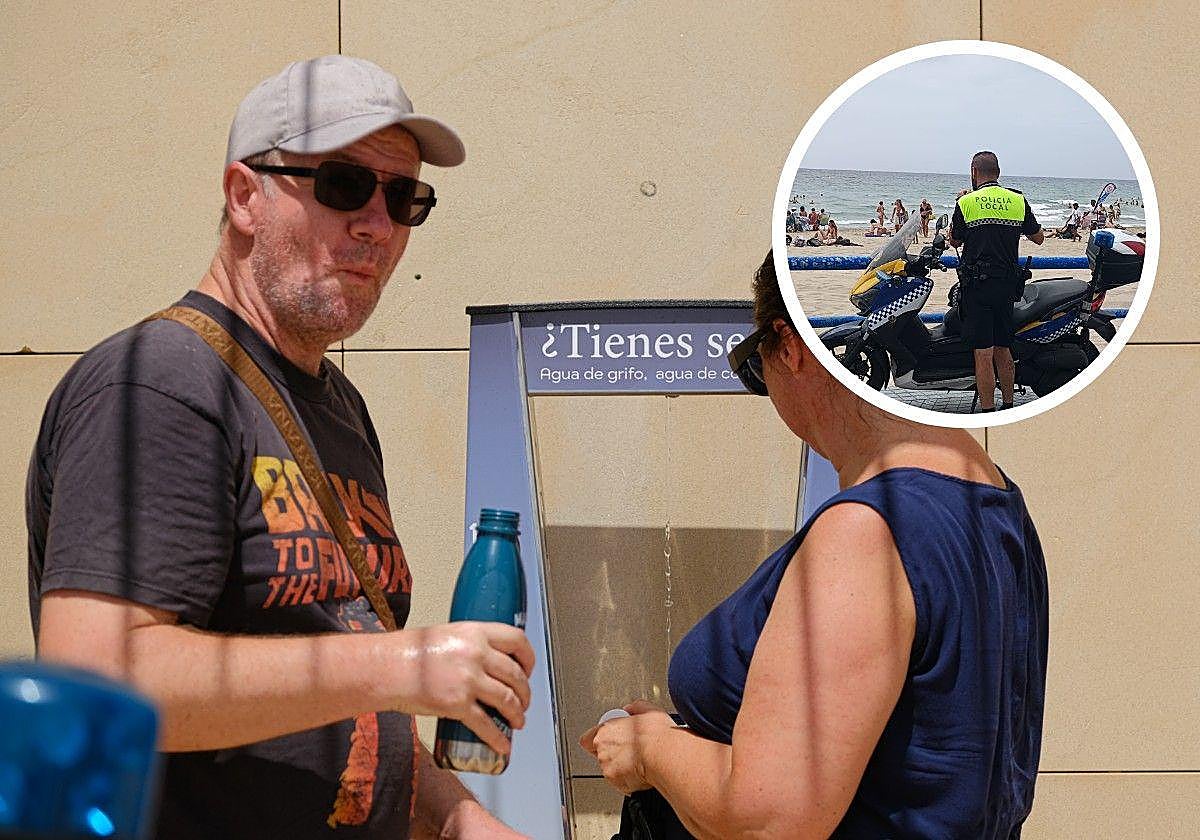 Una persona se hidrata en una fuente de Alicante/Dispositivo de la Policía Local en Alicante.