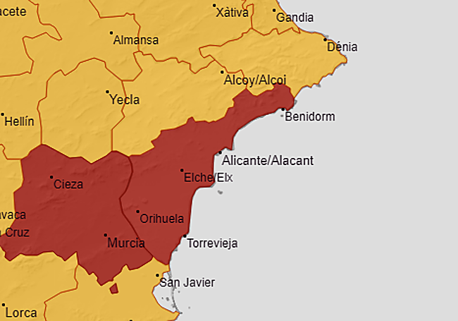 Avisos por alerta naranja en la provincia de Alicante para el domingo 17.