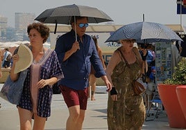 Varias personas se protegen del calor con sombrillas en el paseo de la playa del Postiguet.