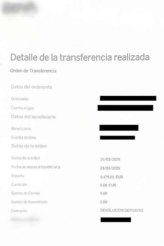 Transacción bancaria de la estafa.