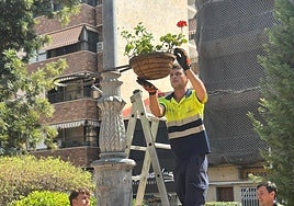Trabajadores instalan maceteros en el municipio.