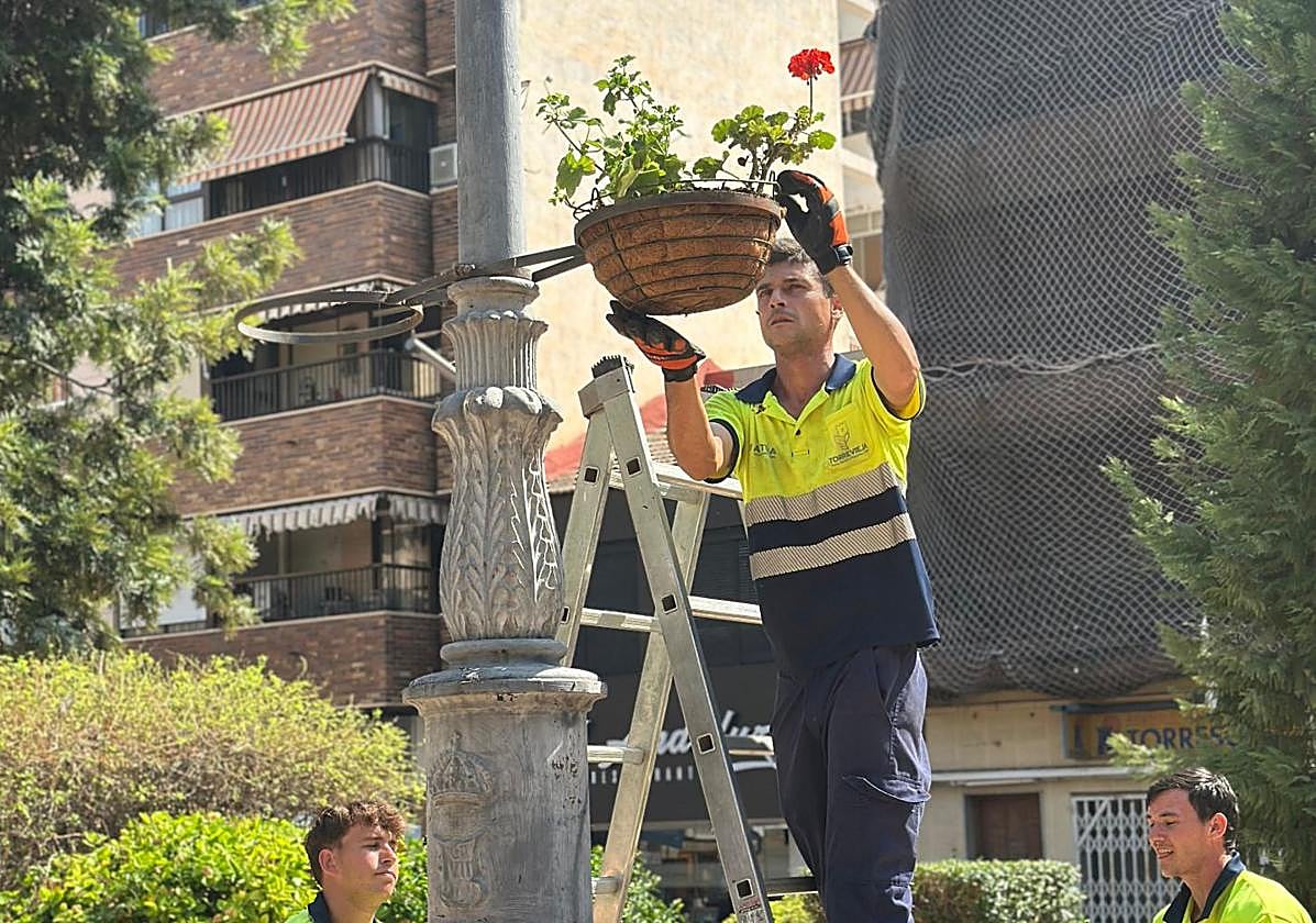 Trabajadores instalan maceteros en el municipio.