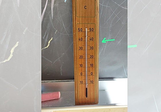 Termómetro de un aula que marca temperaturas cercanas a los 40 grados.