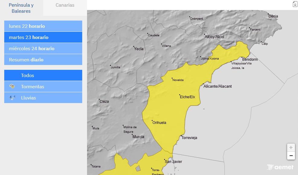 Mapa de alerta amarilla de la Aemet en Alicante.