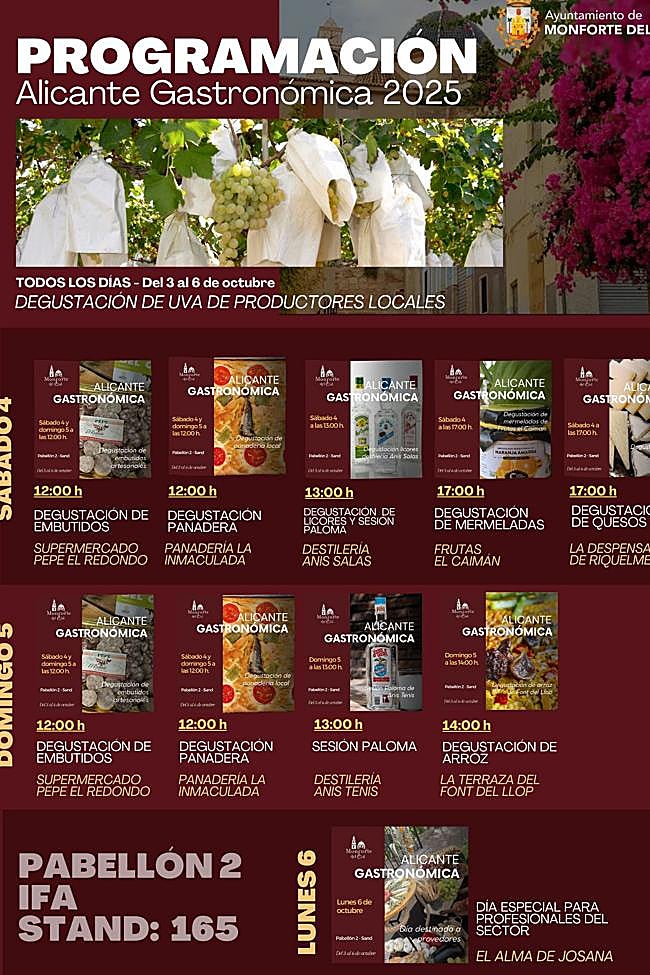El stand de Monforte del Cid en Alicante Gastronómica acogerá degustaciones de uva, panadería, embutidos, anís y gastronomía local entre el 3 y el 6 de octubre.