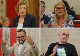 Los portavoces del PSOE, Ana Barceló (arriba a la izquierda); VOX, Carmen Robledillo (arriba, a la derecha); Compromís, Rafa Mas (abajo, izquierda) y EU-Podem, Manolo Copé (abajo, a la derecha).