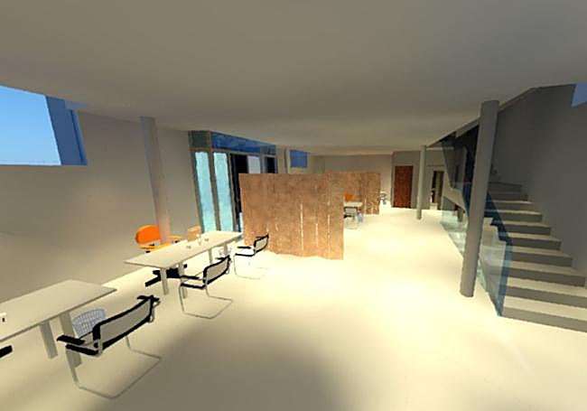 Recreación del interior del futuro edificio de oficinas municipales de Riegos El Progreso.