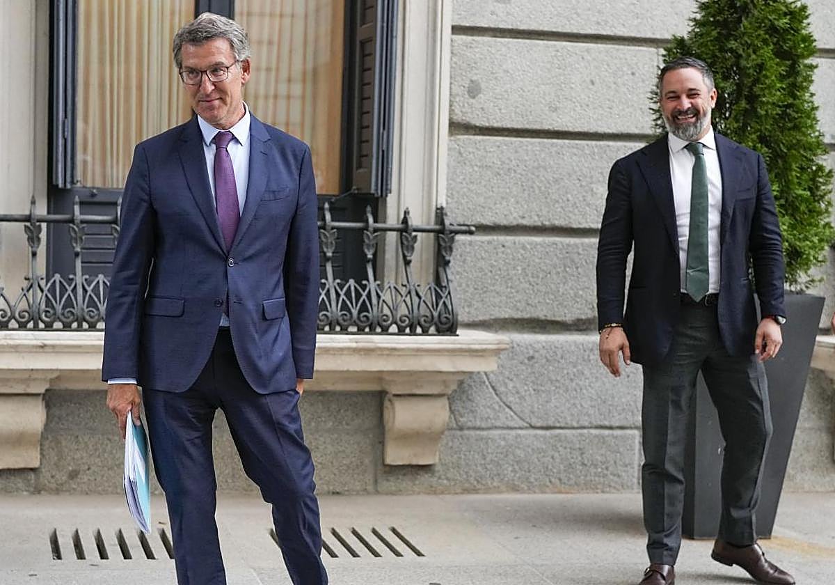 Los presidentes del Partido Popular, Albrerto Núñez Feijóo, y de Vox, Santiago Abascal, en el patio del Congreso de los Diputados, en imagen de archivo.